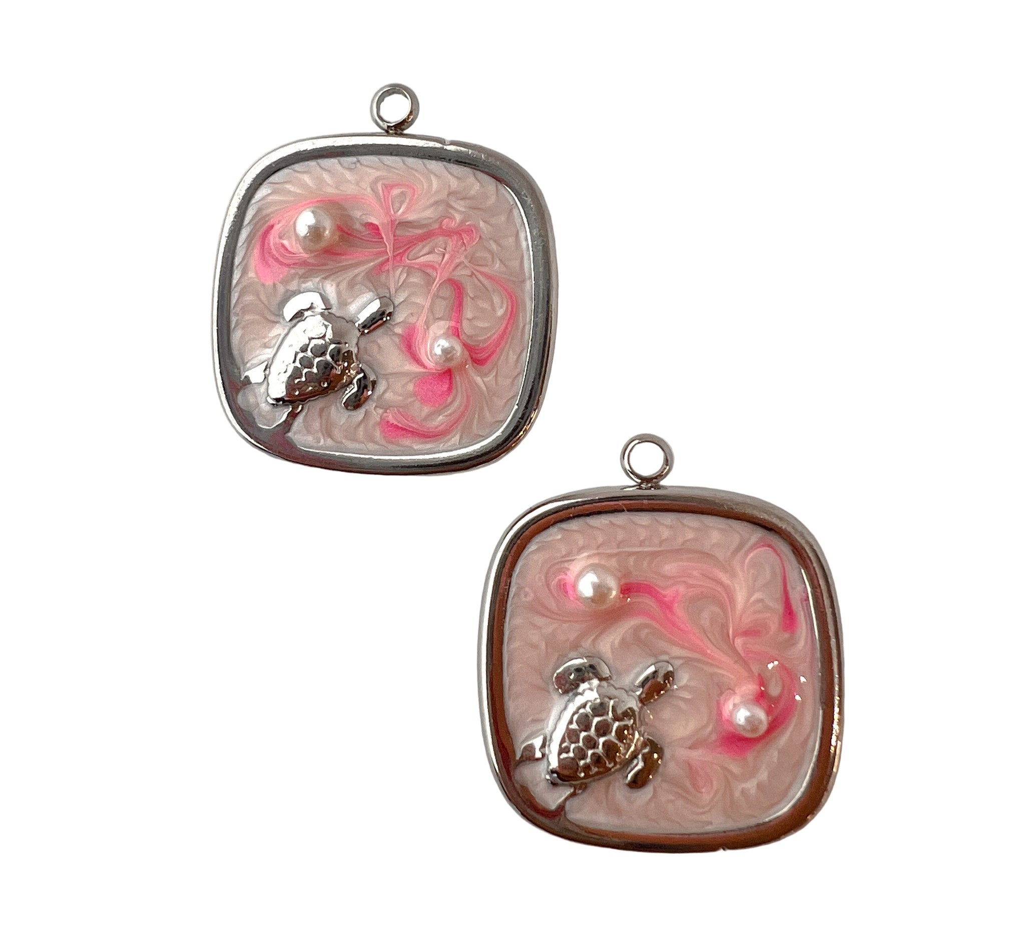 Large Silver Pearl Turtle Charm - Pink